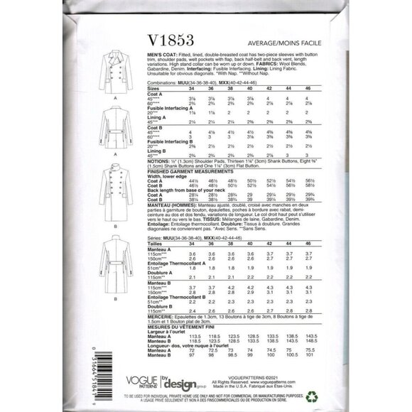 Vogue V1853 Mens 40 to 46 Lined Double Breasted Coat Uncut Sewing Pattern - Picture 2 of 2